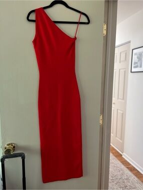 zara one shoulder midi dress Red Zara Dress - One Shoulder Midi Dress
